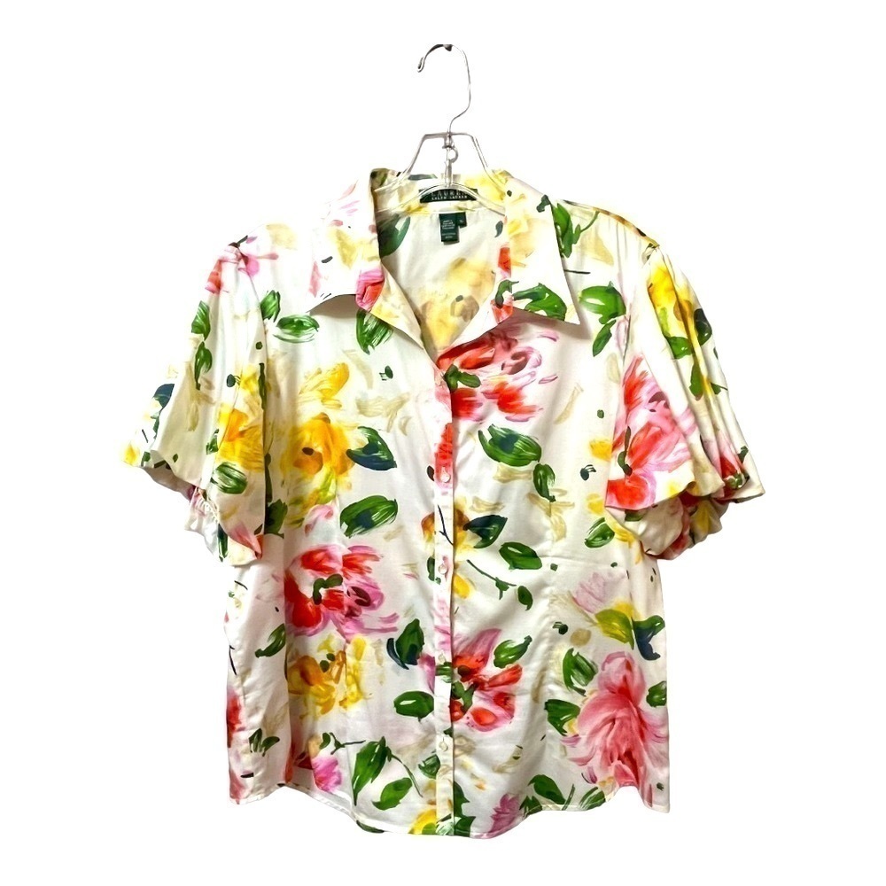 Ralph Lauren floral blouse balloon poof short sleeve festival feminine preppy XL